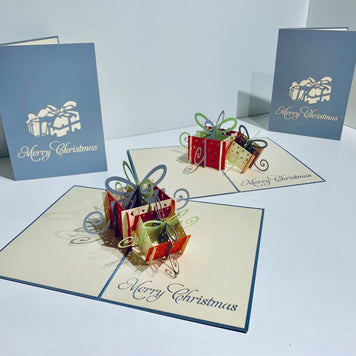 Metallic Christmas Present in Silver Grey & Red Origami Pop Cards 3D Pop Up Greeting Card Merry Christmas Thank You Handmade Best Wishes Blank Card Gift Happy Holidays Celebrate the Special Day