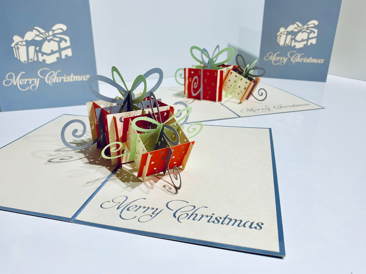 Metallic Christmas Present in Silver Grey & Red Origami Pop Cards 3D Pop Up Greeting Card Merry Christmas Thank You Handmade Best Wishes Blank Card Gift Happy Holidays Celebrate the Special Day