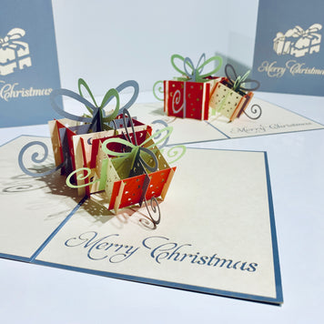 Metallic Christmas Present in Silver Grey & Red Origami Pop Cards 3D Pop Up Greeting Card Merry Christmas Thank You Handmade Best Wishes Blank Card Gift Happy Holidays Celebrate the Special Day