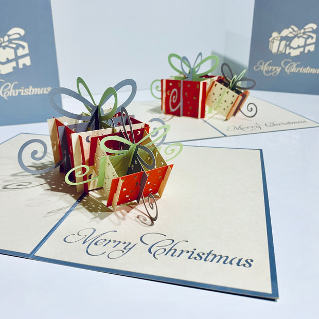Metallic Christmas Present in Silver Grey & Red Origami Pop Cards 3D Pop Up Greeting Card Merry Christmas Thank You Handmade Best Wishes Blank Card Gift Happy Holidays Celebrate the Special Day