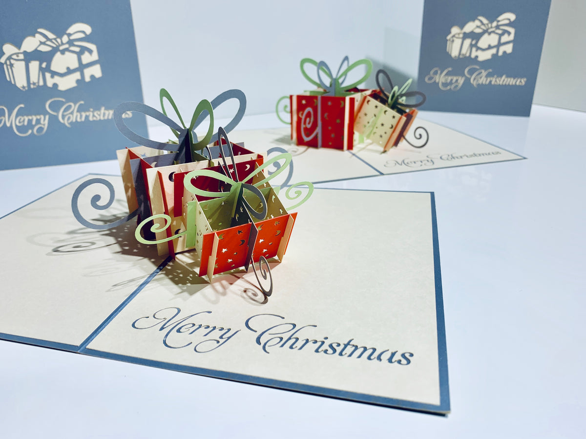 Metallic Christmas Present in Silver Grey & Red Origami Pop Cards 3D Pop Up Greeting Card Merry Christmas Thank You Handmade Best Wishes Blank Card Gift Happy Holidays Celebrate the Special Day