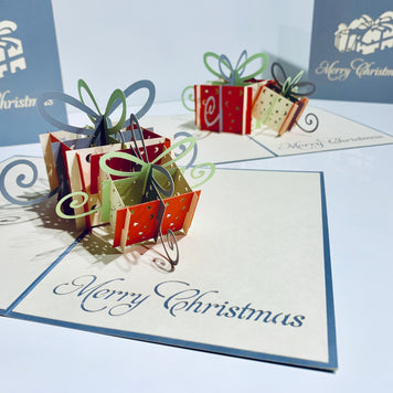 Metallic Christmas Present in Silver Grey & Red Origami Pop Cards 3D Pop Up Greeting Card Merry Christmas Thank You Handmade Best Wishes Blank Card Gift Happy Holidays Celebrate the Special Day