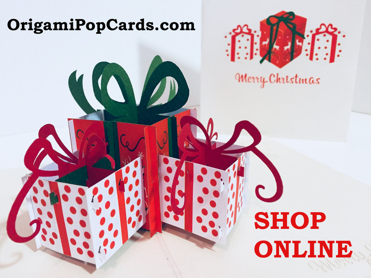 Metallic Christmas Presents in White & Red Origami Pop Cards 3D Pop Up Greeting Card Happy Halloween Best Wishes Blank Card Fun Party Cheer Gift Happy Holidays Thank You Handmade Celebrate the Special Day