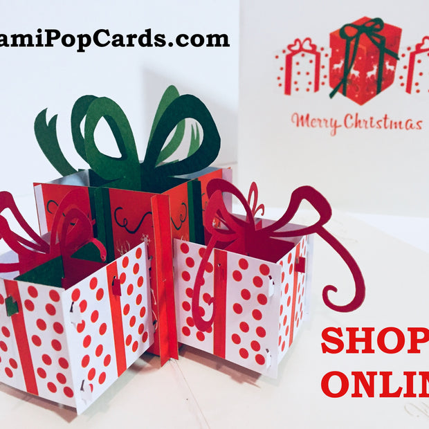 Metallic Christmas Presents in White & Red Origami Pop Cards 3D Pop Up Greeting Card Happy Halloween Best Wishes Blank Card Fun Party Cheer Gift Happy Holidays Thank You Handmade Celebrate the Special Day