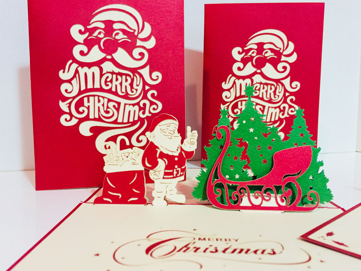Metallic Christmas Santa Claus & Sleigh Origami Pop Cards 3D Pop Up Greeting Card Merry Christmas Thank You Handmade Best Wishes Blank Card Gift Happy Holidays Celebrate the Special Day