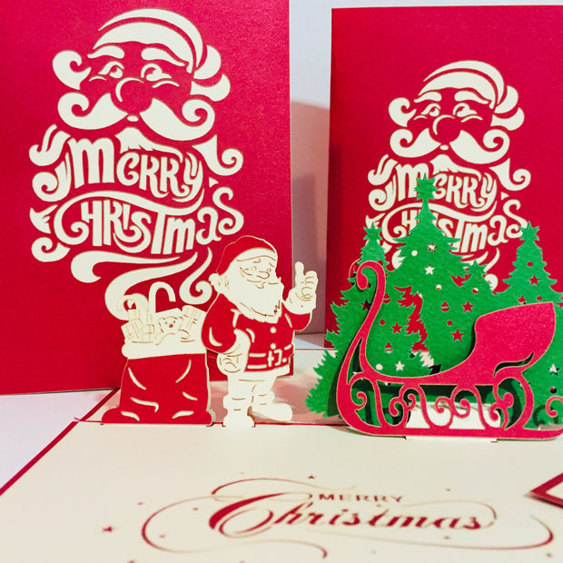 Metallic Christmas Santa Claus & Sleigh Origami Pop Cards 3D Pop Up Greeting Card Merry Christmas Thank You Handmade Best Wishes Blank Card Gift Happy Holidays Celebrate the Special Day