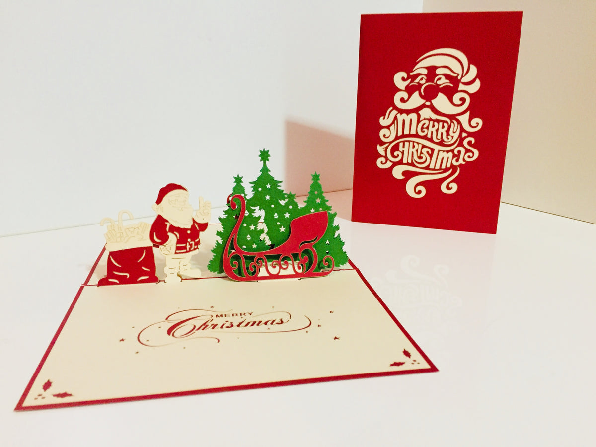 Metallic Christmas Santa Claus & Sleigh Origami Pop Cards 3D Pop Up Greeting Card Merry Christmas Thank You Handmade Best Wishes Blank Card Gift Happy Holidays Celebrate the Special Day