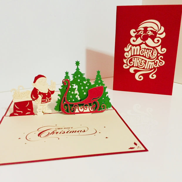 Metallic Christmas Santa Claus & Sleigh Origami Pop Cards 3D Pop Up Greeting Card Merry Christmas Thank You Handmade Best Wishes Blank Card Gift Happy Holidays Celebrate the Special Day