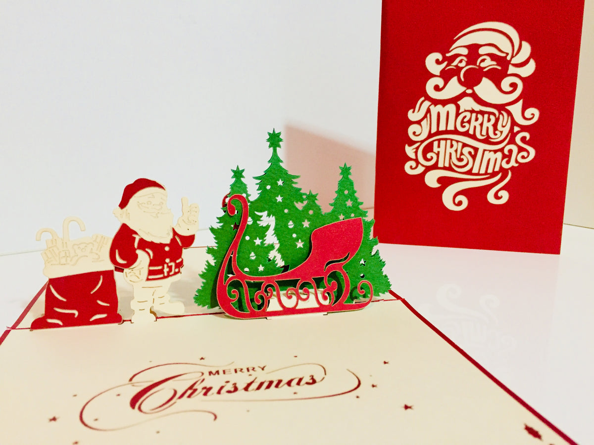 Metallic Christmas Santa Claus & Sleigh Origami Pop Cards 3D Pop Up Greeting Card Merry Christmas Thank You Handmade Best Wishes Blank Card Gift Happy Holidays Celebrate the Special Day