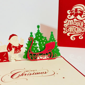 Metallic Christmas Santa Claus & Sleigh Origami Pop Cards 3D Pop Up Greeting Card Merry Christmas Thank You Handmade Best Wishes Blank Card Gift Happy Holidays Celebrate the Special Day