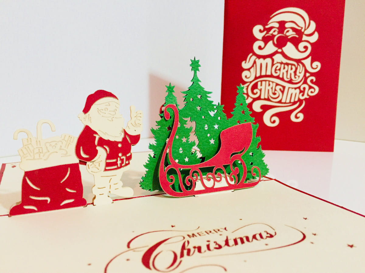 Metallic Christmas Santa Claus & Sleigh Origami Pop Cards 3D Pop Up Greeting Card Merry Christmas Thank You Handmade Best Wishes Blank Card Gift Happy Holidays Celebrate the Special Day