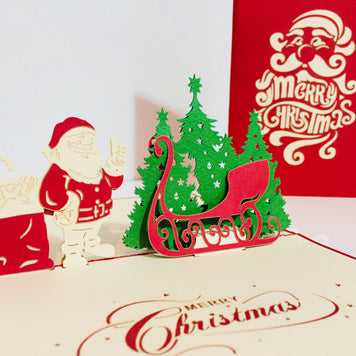 Metallic Christmas Santa Claus & Sleigh Origami Pop Cards 3D Pop Up Greeting Card Merry Christmas Thank You Handmade Best Wishes Blank Card Gift Happy Holidays Celebrate the Special Day