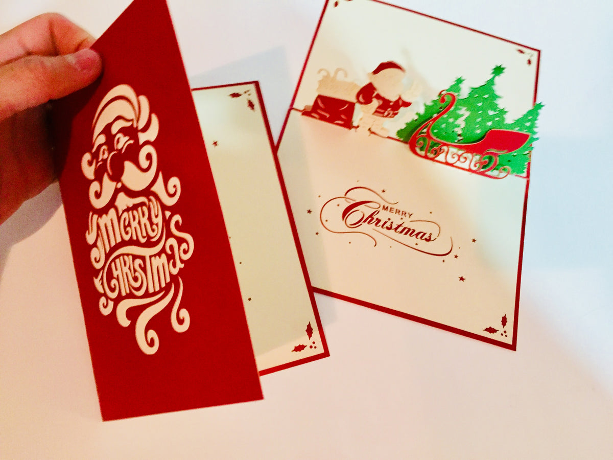 Metallic Christmas Santa Claus & Sleigh Origami Pop Cards 3D Pop Up Greeting Card Merry Christmas Thank You Handmade Best Wishes Blank Card Gift Happy Holidays Celebrate the Special Day