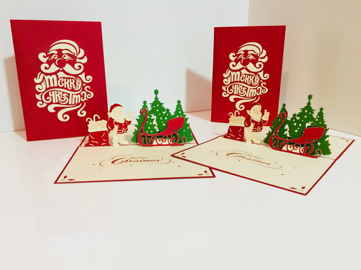 Metallic Christmas Santa Claus & Sleigh Origami Pop Cards 3D Pop Up Greeting Card Merry Christmas Thank You Handmade Best Wishes Blank Card Gift Happy Holidays Celebrate the Special Day