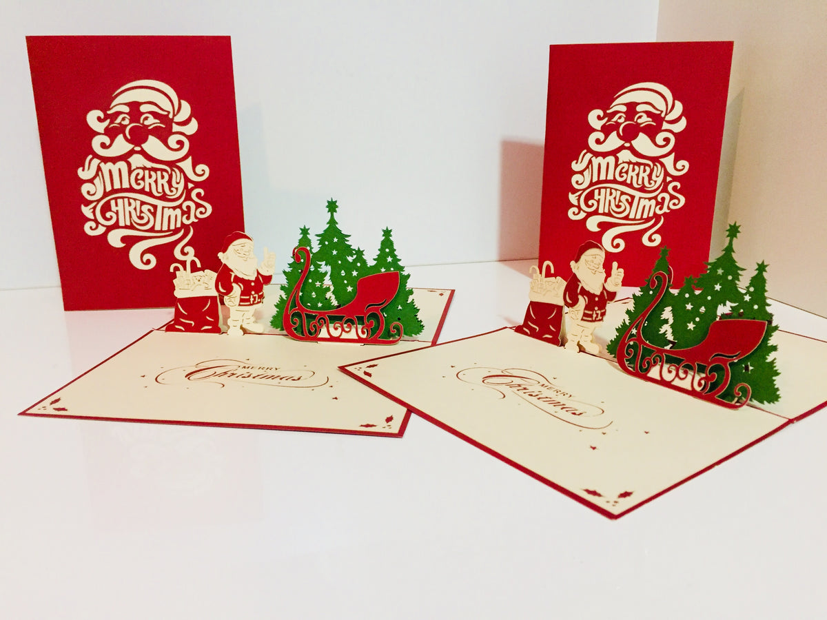 Metallic Christmas Santa Claus & Sleigh Origami Pop Cards 3D Pop Up Greeting Card Merry Christmas Thank You Handmade Best Wishes Blank Card Gift Happy Holidays Celebrate the Special Day