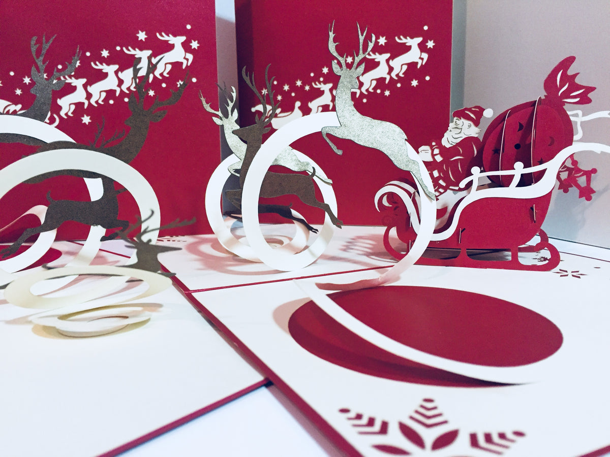 Metallic Santa Sleigh with Reindeer Origami Pop Cards 3D Pop Up Greeting Card Merry Christmas Thank You Handmade Best Wishes Blank Card Gift Happy Holidays Celebrate the Special Day