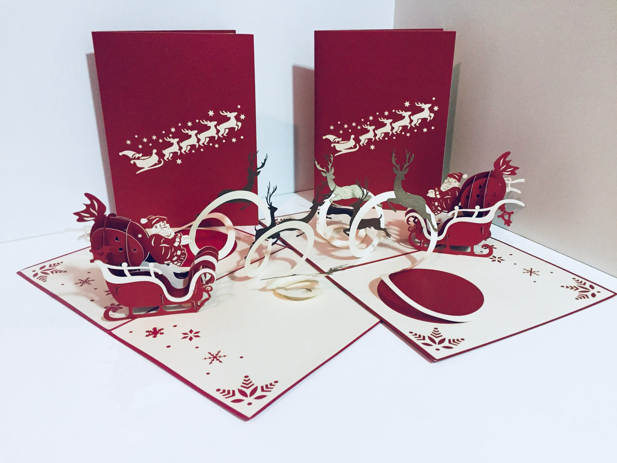 Metallic Santa Sleigh with Reindeer Origami Pop Cards 3D Pop Up Greeting Card Merry Christmas Thank You Handmade Best Wishes Blank Card Gift Happy Holidays Celebrate the Special Day
