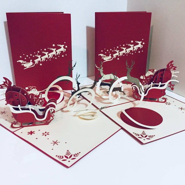 Metallic Santa Sleigh with Reindeer Origami Pop Cards 3D Pop Up Greeting Card Merry Christmas Thank You Handmade Best Wishes Blank Card Gift Happy Holidays Celebrate the Special Day