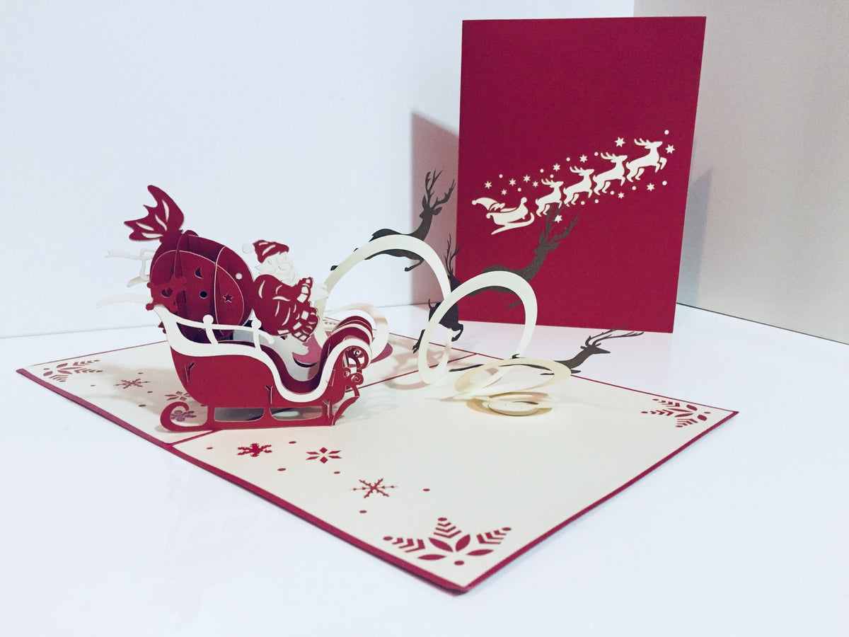 Metallic Santa Sleigh with Reindeer Origami Pop Cards 3D Pop Up Greeting Card Merry Christmas Thank You Handmade Best Wishes Blank Card Gift Happy Holidays Celebrate the Special Day