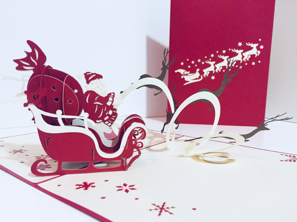 Metallic Santa Sleigh with Reindeer Origami Pop Cards 3D Pop Up Greeting Card Merry Christmas Thank You Handmade Best Wishes Blank Card Gift Happy Holidays Celebrate the Special Day
