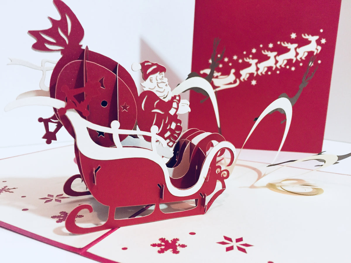 Metallic Santa Sleigh with Reindeer Origami Pop Cards 3D Pop Up Greeting Card Merry Christmas Thank You Handmade Best Wishes Blank Card Gift Happy Holidays Celebrate the Special Day