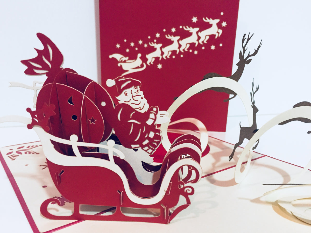 Metallic Santa Sleigh with Reindeer Origami Pop Cards 3D Pop Up Greeting Card Merry Christmas Thank You Handmade Best Wishes Blank Card Gift Happy Holidays Celebrate the Special Day