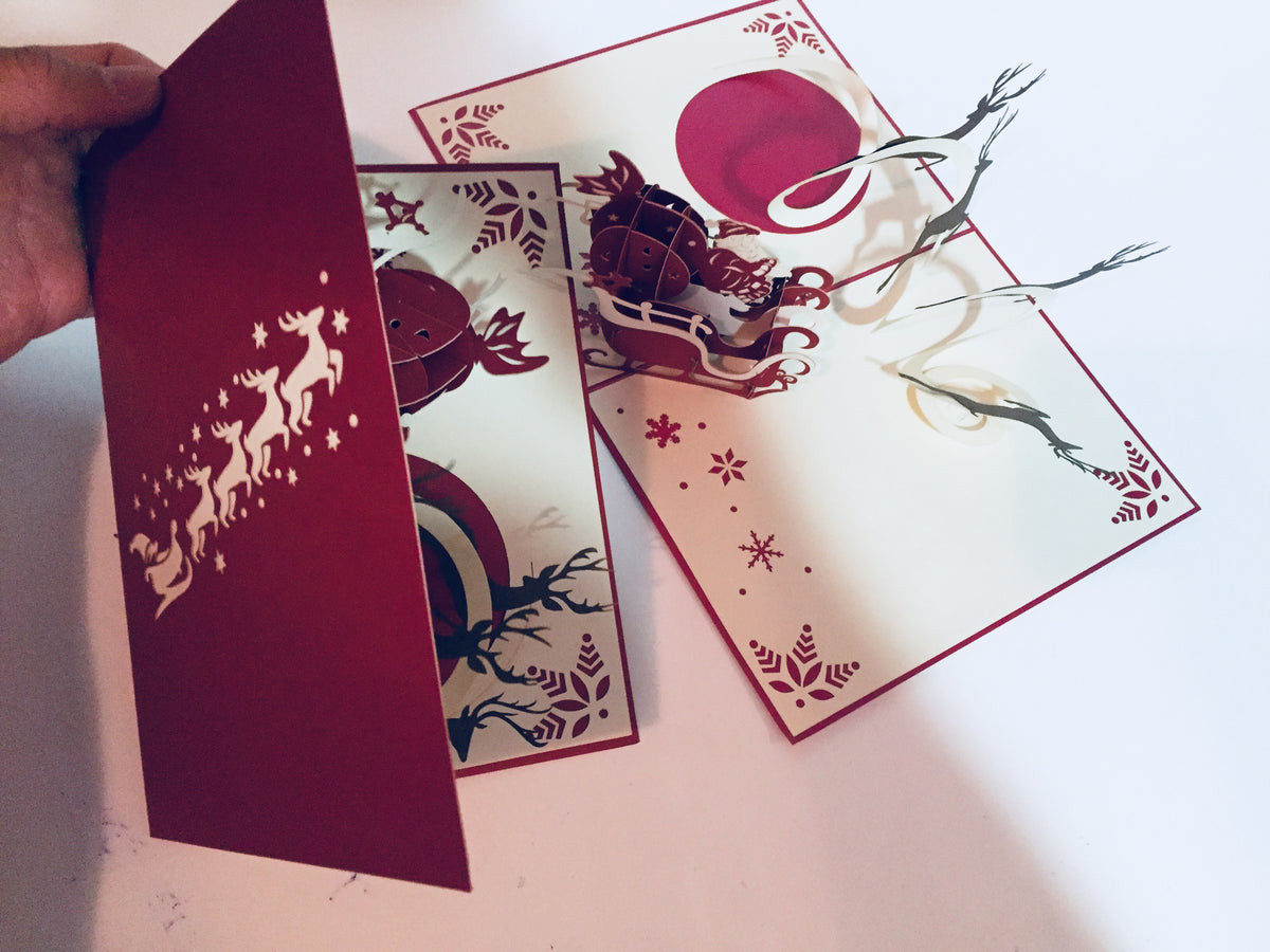 Metallic Santa Sleigh with Reindeer Origami Pop Cards 3D Pop Up Greeting Card Merry Christmas Thank You Handmade Best Wishes Blank Card Gift Happy Holidays Celebrate the Special Day