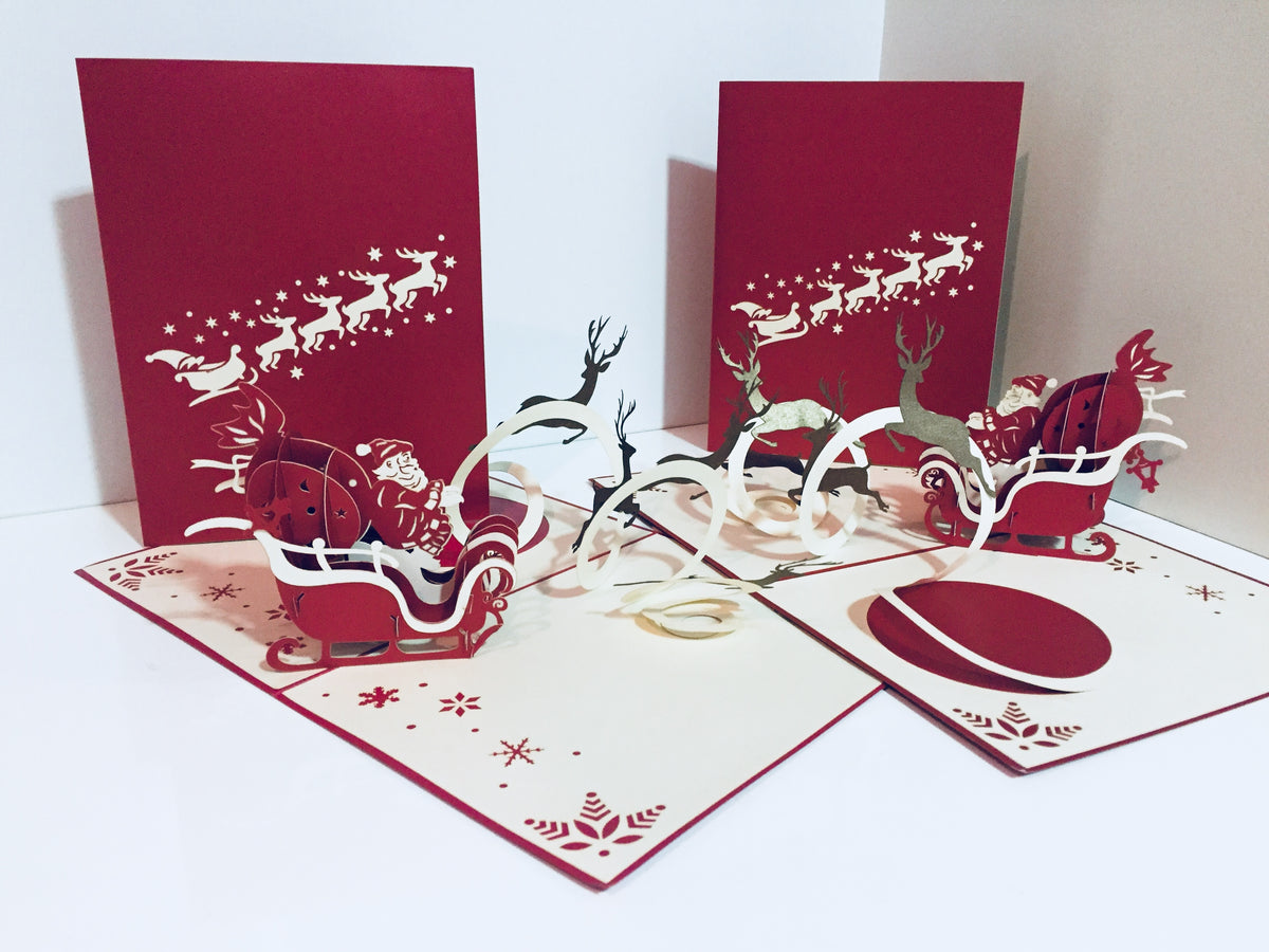 Metallic Santa Sleigh with Reindeer Origami Pop Cards 3D Pop Up Greeting Card Merry Christmas Thank You Handmade Best Wishes Blank Card Gift Happy Holidays Celebrate the Special Day