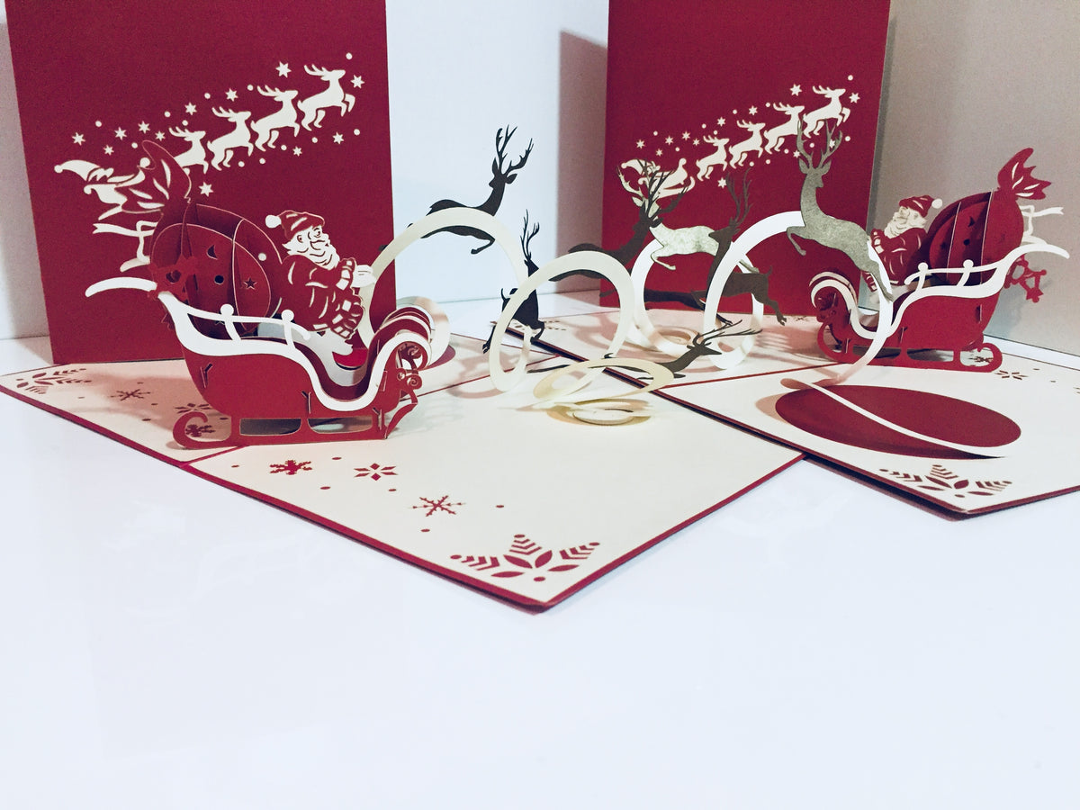 Metallic Santa Sleigh with Reindeer Origami Pop Cards 3D Pop Up Greeting Card Merry Christmas Thank You Handmade Best Wishes Blank Card Gift Happy Holidays Celebrate the Special Day