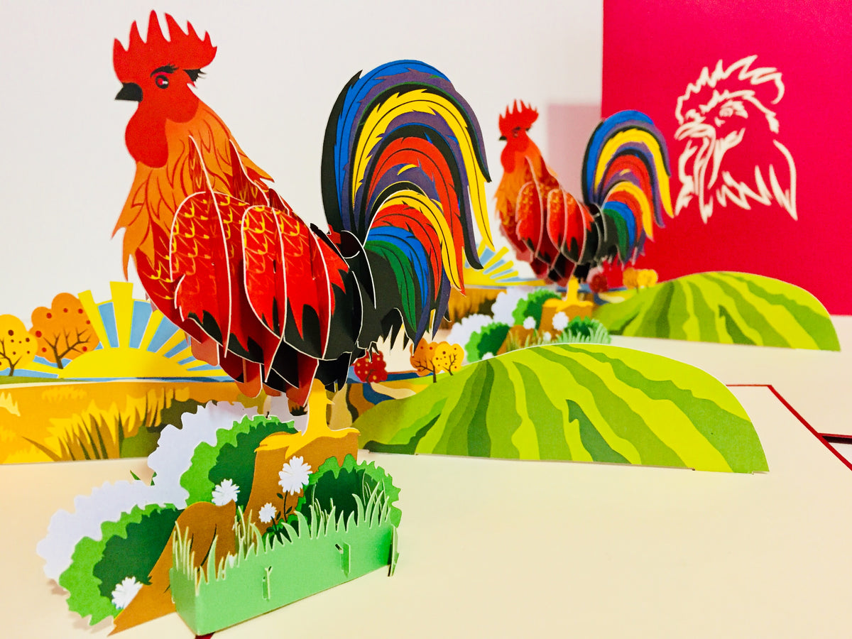 Metallic Colourful Rooster Origami Pop Cards 3D Pop Up Greeting Card Thank You Handmade Gift Thinking of You Happy Birthday Occasion Australiana Celebrate the Beauty and Happiness During Special Day Best Wishes Gift