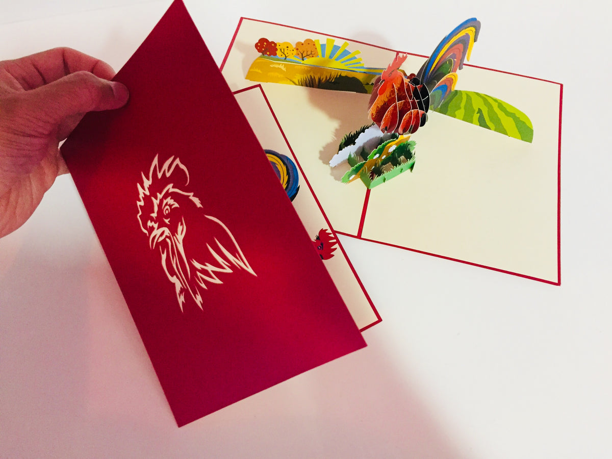 Metallic Colourful Rooster Origami Pop Cards 3D Pop Up Greeting Card Thank You Handmade Gift Thinking of You Happy Birthday Occasion Australiana Celebrate the Beauty and Happiness During Special Day Best Wishes Gift