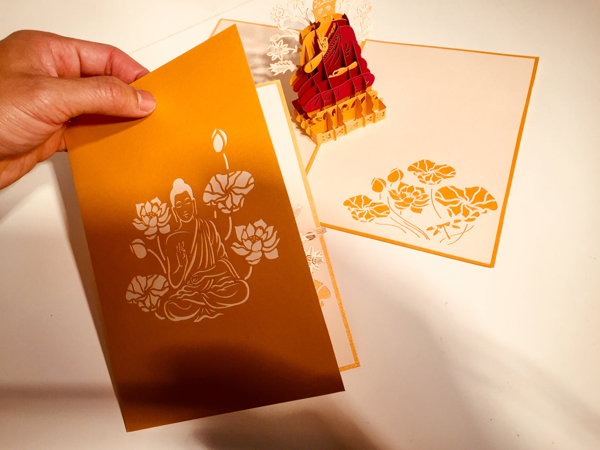Metallic Gold Buddha Origami Pop Cards 3D Pop Up Greeting Card Happy Birthday Thank You Handmade Gift Thinking of You Blank Card for Any Occasion Happy Mother's Day Australiana Celebrate the Beauty of Flower