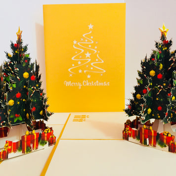 Metallic Gold Victorian Classic Style Christmas Tree Origami Pop Cards 3D Pop Up Greeting Card Merry Christmas Thank You Handmade Best Wishes Blank Card Gift Happy Holidays Celebrate the Special Day Party