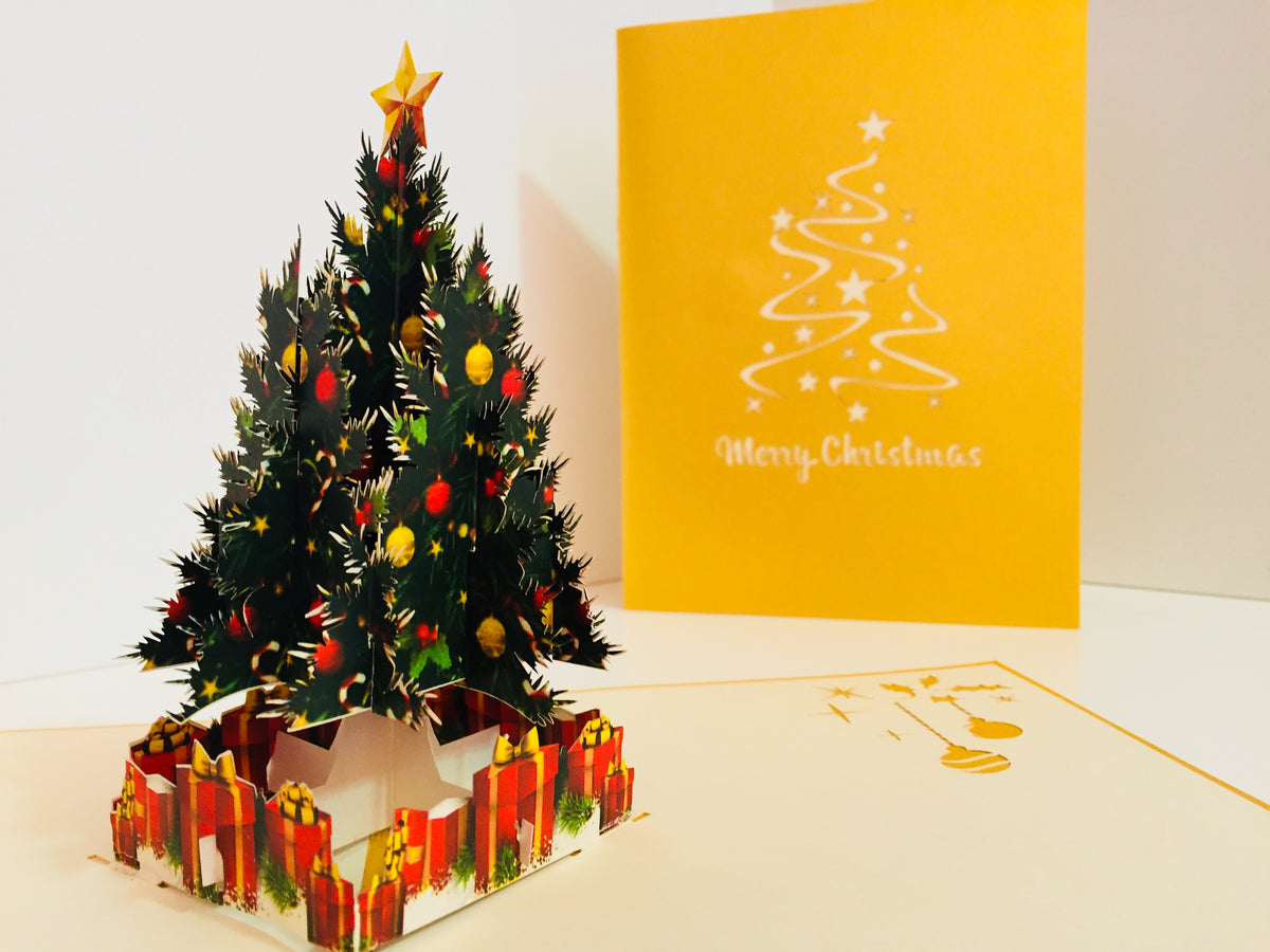 Metallic Gold Victorian Classic Style Christmas Tree Origami Pop Cards 3D Pop Up Greeting Card Merry Christmas Thank You Handmade Best Wishes Blank Card Gift Happy Holidays Celebrate the Special Day Party