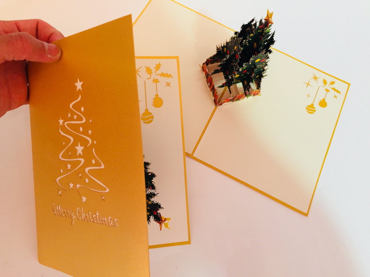 Metallic Gold Victorian Classic Style Christmas Tree Origami Pop Cards 3D Pop Up Greeting Card Merry Christmas Thank You Handmade Best Wishes Blank Card Gift Happy Holidays Celebrate the Special Day Party