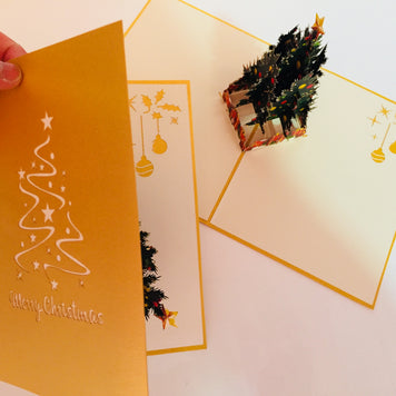 Metallic Gold Victorian Classic Style Christmas Tree Origami Pop Cards 3D Pop Up Greeting Card Merry Christmas Thank You Handmade Best Wishes Blank Card Gift Happy Holidays Celebrate the Special Day Party