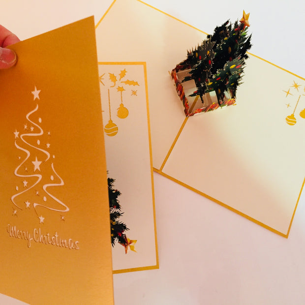 Metallic Gold Victorian Classic Style Christmas Tree Origami Pop Cards 3D Pop Up Greeting Card Merry Christmas Thank You Handmade Best Wishes Blank Card Gift Happy Holidays Celebrate the Special Day Party