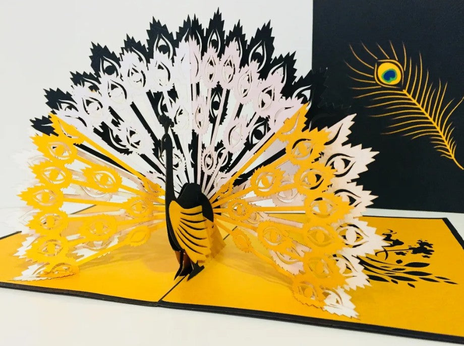 Metallic Gold & Black Peacock Origami Pop Cards 3D Pop Up Greeting Card Happy Birthday Thank You Handmade Best Wishes Blank Card for Any Occasion Happy Mother's Day Happy Father's Day Celebrate the Beauty Of Nature