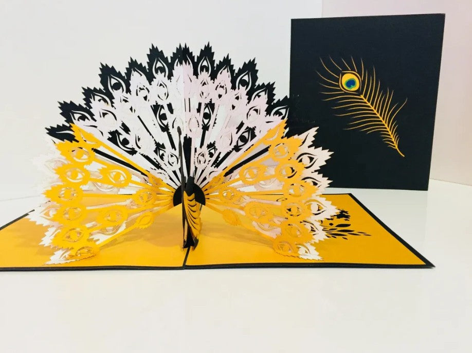 Metallic Gold & Black Peacock Origami Pop Cards 3D Pop Up Greeting Card Happy Birthday Thank You Handmade Best Wishes Blank Card for Any Occasion Happy Mother's Day Happy Father's Day Celebrate the Beauty Of Nature