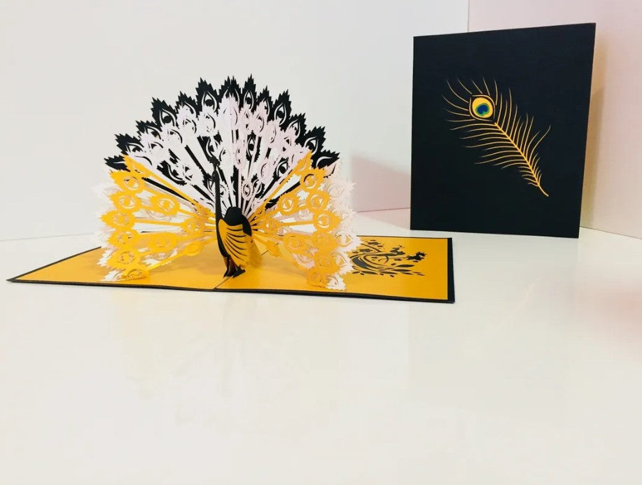 Metallic Gold & Black Peacock Origami Pop Cards 3D Pop Up Greeting Card Happy Birthday Thank You Handmade Best Wishes Blank Card for Any Occasion Happy Mother's Day Happy Father's Day Celebrate the Beauty Of Nature