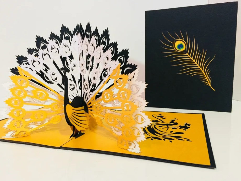 Metallic Gold & Black Peacock Origami Pop Cards 3D Pop Up Greeting Card Happy Birthday Thank You Handmade Best Wishes Blank Card for Any Occasion Happy Mother's Day Happy Father's Day Celebrate the Beauty Of Nature