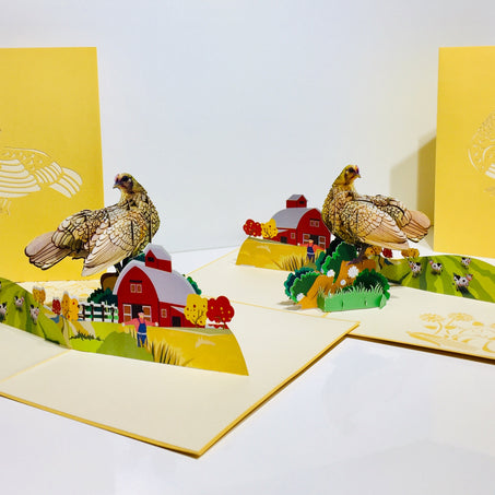 Golden Hen Chicken Origami Pop Cards 3D Pop Up Greeting Card Thank You Handmade Gift Thinking of You Happy Birthday Occasion Australiana Celebrate the Beauty and Happiness During Special Day Best Wishes Gift