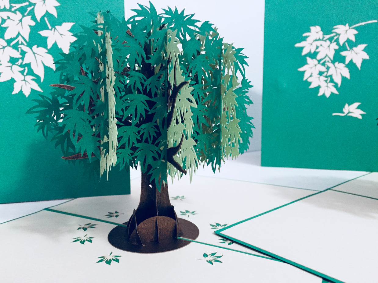 Metallic Japanese Maple Tree in Green 3D POP UP GREETING CARD - Created by Origami Pop Cards Australian Design & Handmade 3D Pop Up Magical Paper Cards, Handmade Pop Up Cards Happy Valentine's Day Celebrate Love Heart Fell and Romantic