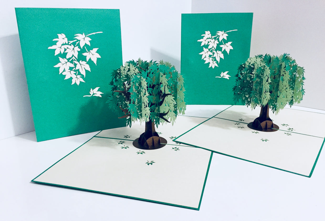Metallic Japanese Maple Tree in Green 3D POP UP GREETING CARD - Created by Origami Pop Cards Australian Design & Handmade 3D Pop Up Magical Paper Cards, Handmade Pop Up Cards Happy Valentine's Day Celebrate Love Heart Fell and Romantic