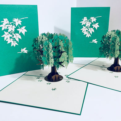 Metallic Japanese Maple Tree in Green 3D POP UP GREETING CARD - Created by Origami Pop Cards Australian Design & Handmade 3D Pop Up Magical Paper Cards, Handmade Pop Up Cards Happy Valentine's Day Celebrate Love Heart Fell and Romantic