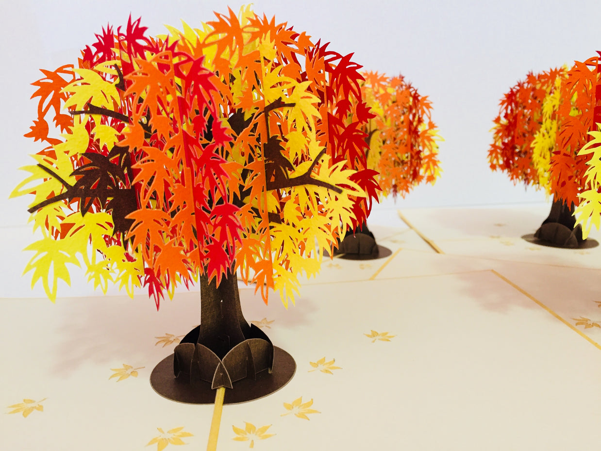 Metallic Japanese Maple Tree in Orange, Red & Yellow 3D POP UP GREETING CARD - Created by Origami Pop Cards Australian Design & Handmade 3D Pop Up Magical Paper Cards, Handmade Pop Up Cards Happy Valentine's Day Celebrate Love Heart Fell and Romantic