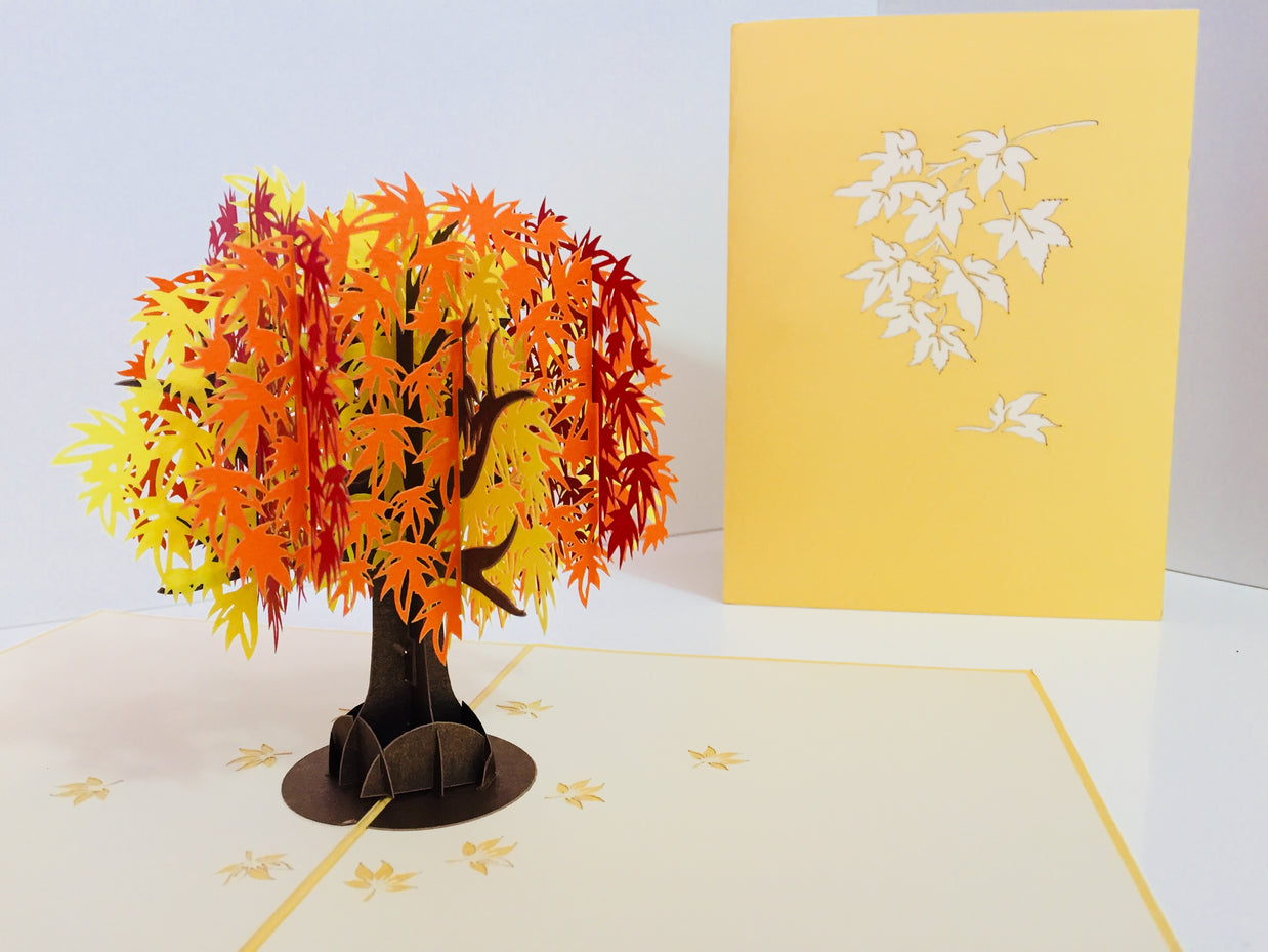 Metallic Japanese Maple Tree in Orange, Red & Yellow 3D POP UP GREETING CARD - Created by Origami Pop Cards Australian Design & Handmade 3D Pop Up Magical Paper Cards, Handmade Pop Up Cards Happy Valentine's Day Celebrate Love Heart Fell and Romantic