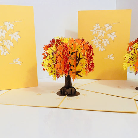 Metallic Japanese Maple Tree in Orange, Red & Yellow 3D POP UP GREETING CARD - Created by Origami Pop Cards Australian Design & Handmade 3D Pop Up Magical Paper Cards, Handmade Pop Up Cards Happy Valentine's Day Celebrate Love Heart Fell and Romantic