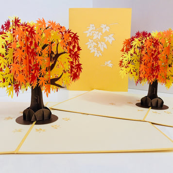 Metallic Japanese Maple Tree in Orange, Red & Yellow 3D POP UP GREETING CARD - Created by Origami Pop Cards Australian Design & Handmade 3D Pop Up Magical Paper Cards, Handmade Pop Up Cards Happy Valentine's Day Celebrate Love Heart Fell and Romantic