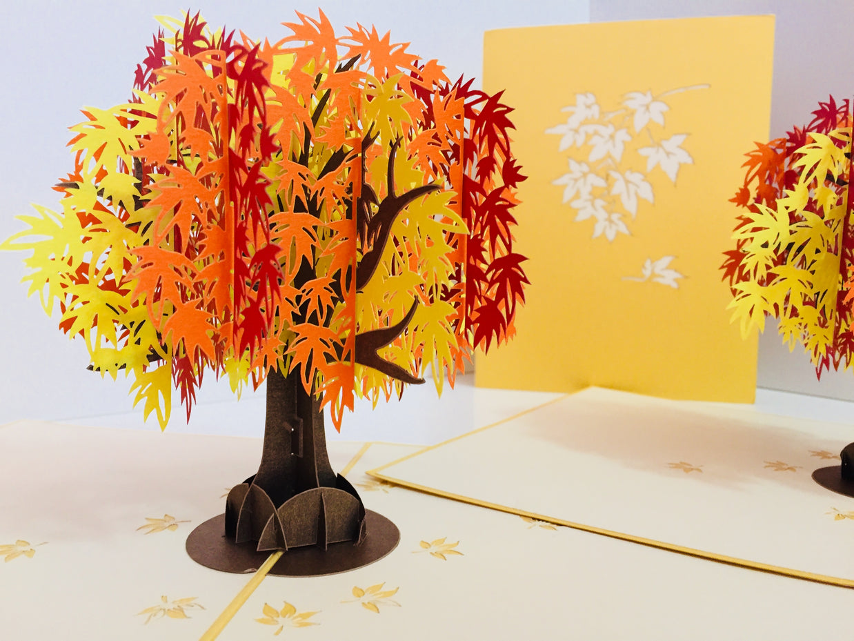 Metallic Japanese Maple Tree in Orange, Red & Yellow 3D POP UP GREETING CARD - Created by Origami Pop Cards Australian Design & Handmade 3D Pop Up Magical Paper Cards, Handmade Pop Up Cards Happy Valentine's Day Celebrate Love Heart Fell and Romantic